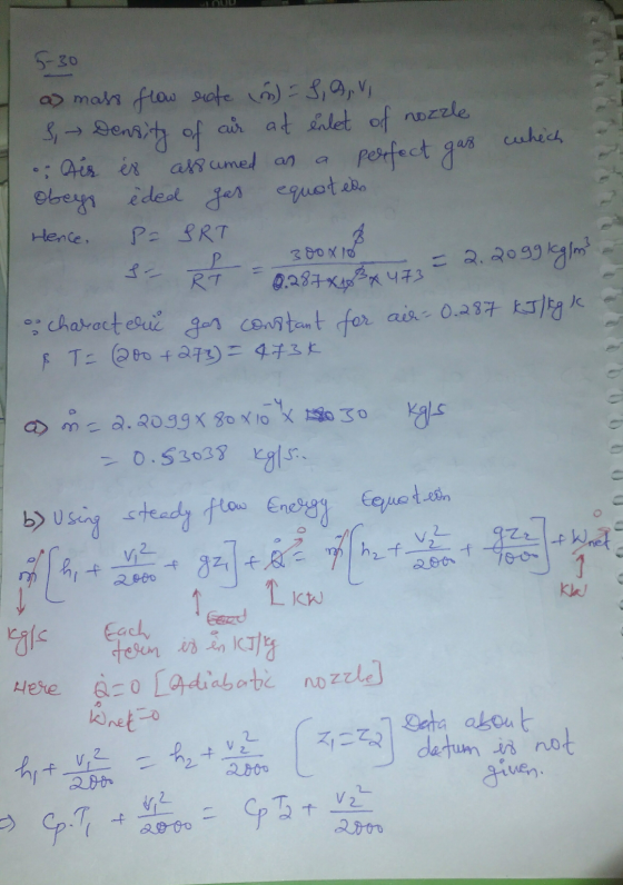 5-30 a) mass flow rate (n) = S, AVI 3 Density of air at enlet of nozzle of Dis es assumed as a perfect gas a obeys êded gas e