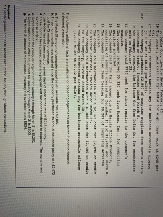 to Delta Co., invoice dated February 23. 26 The company paid cash to Lyn Addie for eight days work at $245 per day. 27 The c