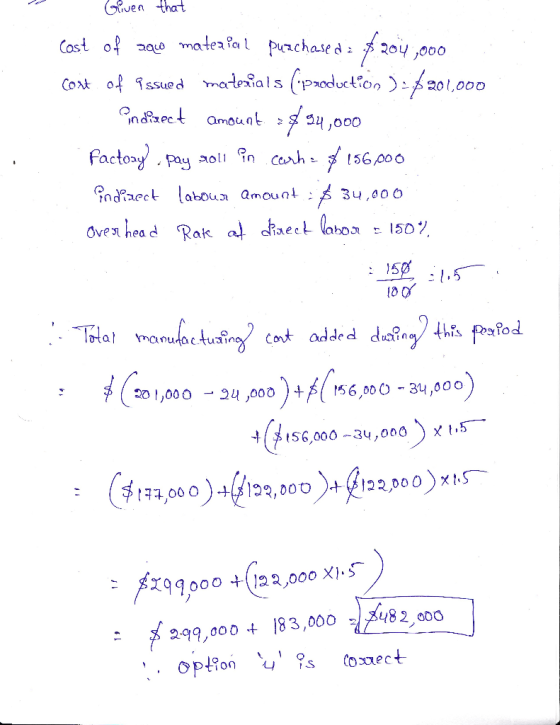 C Given that cost of sque mateafal purchased : f 204,000 Cost of issued materials (production ): 3201,000 indirect amount =89