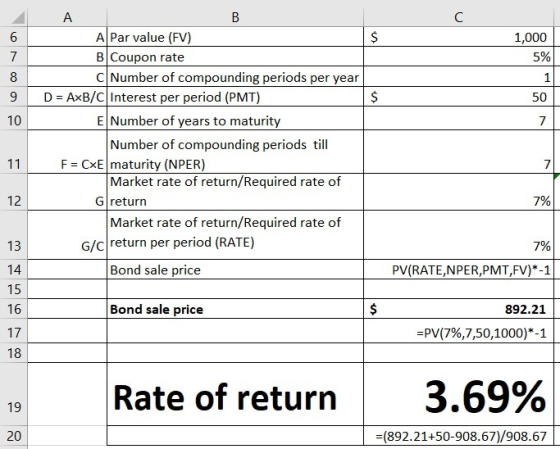 6 1,000 5% 1 50 A B A Par value (FV) B Coupon rate C Number of compounding periods per year D = AxB/C Interest per period (PM