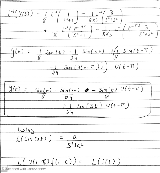L(Y(s)) = 41965.) - _ yle) sin lt) - 1 Sin(38) tft sin(-7) sen (314-))) UCE-1) 24 I dit) - Sinit) Ult- Sinlt) - Sin (3+) 8 २
