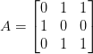 A=\begin{bmatrix} 0 & 1 & 1\\ 1 & 0 & 0\\ 0 & 1 & 1 \end{bmatrix}