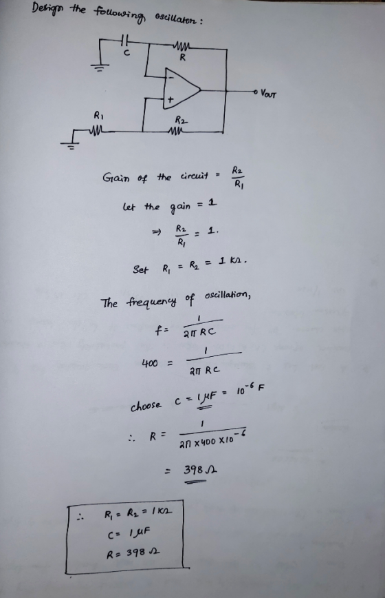Design the following oscillator : MUL Vour R2 Raya Gain of the circuit let the gain = 1 Set Ri = R₂ = 1ks. The frequency of o