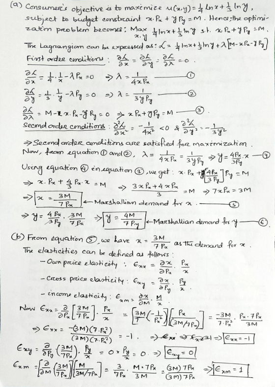 2. (9) Consumers objective is to maximize ulary) = 2 ln xttlny, subject to budget constraint n.Pa typy=m. Hence, the optimi-
