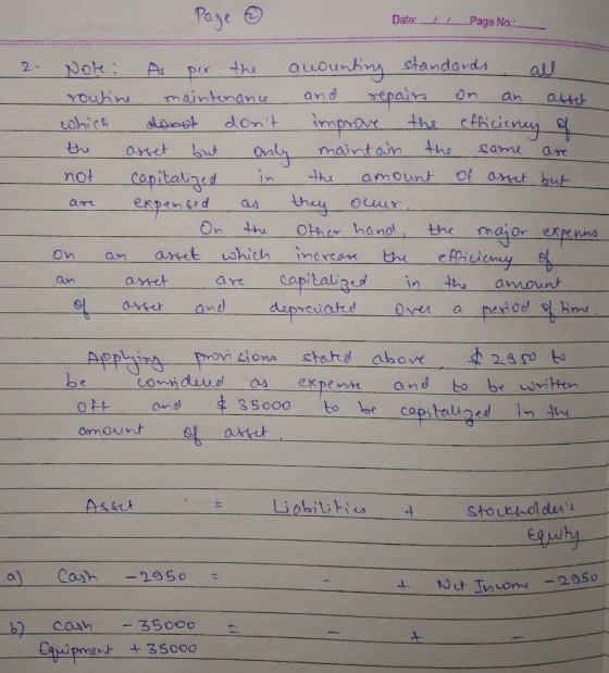 I Page ③ Date: IL Page No.: Note: As per the auounting standards all routine maintenance and repairs on an attet which donut