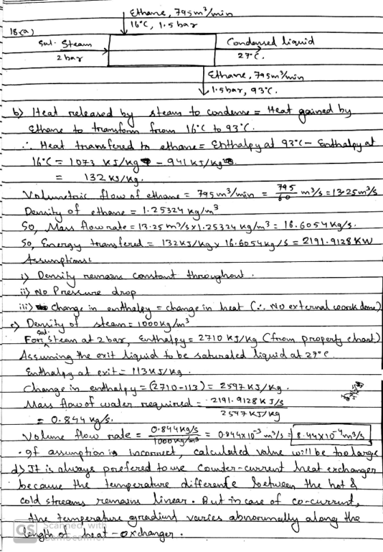 Ethane 795mmin 16 C .5 bar Conduysed Liquid 2 7C Sud- Steam 2 baY Ethane,5 mnin sbar, 93c. b Heat released by ateanm to cond