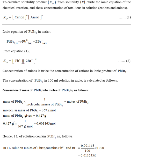 To calculate solubility product (Kp) from solubility (x), write the ionic equation of the chemical reaction, and show concent