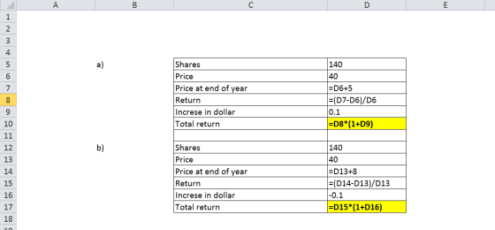 7 Shares Price Price at end of year Return Increse in dollar Total return 140 40 =D6+5 =(D7-06)/D6 0.1 =D8*(1+D9) 9 10 12 13