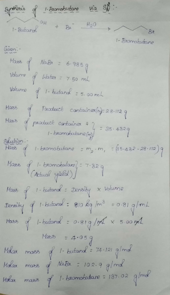 Synthesis of 1-Stormobetare SH :- via H₂O 1-Butanol + Ba 1- Bromobutane Giza:- Mass of Na Ba : 6.985g Volume of Water = 7.50