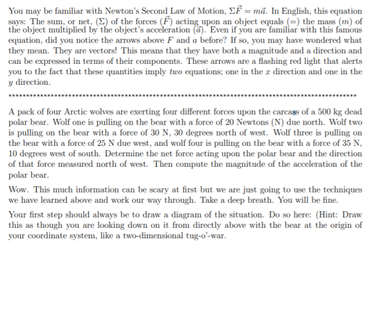 You may be familiar with Newtons Second Law of Motion, SF = mā. In English, this equation says: The sum, or net, (S) of the