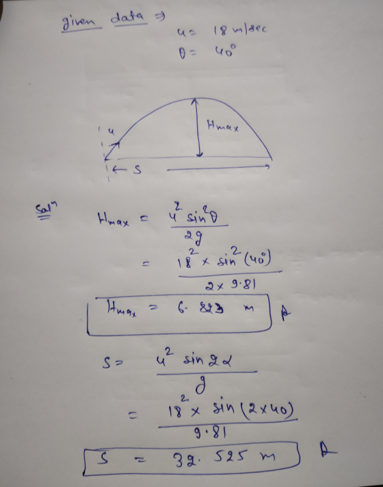 given data » us 18 misec Hmax Iks - Salh Hmay a sino je x sin (40) 2x9.81 6.823 m tma, a so u² singa = 18* sin (2x40) 9.81 S