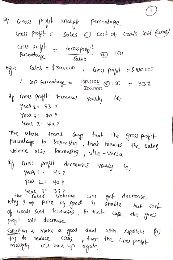 * Gross profit margen percentage cross profit = Sales ☺ cost of woods sold cans) cross profit = Gross profit 100 Percentage S