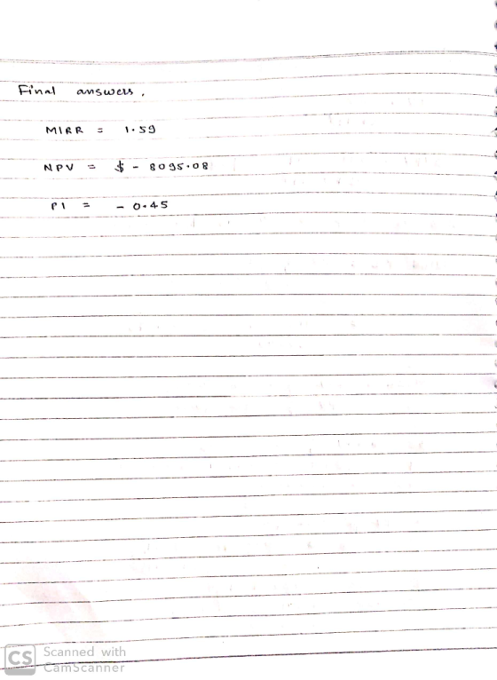 - Final answers. MIRR - 1.59 NPV = $ - 8095.08 pl - - 0.45 Scanned with CamScanner