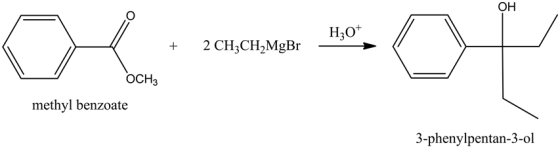 ОН
НО*
2 CH3CH2MgBr
+
ОСНЗ
methyl benzoate
3-phenylpentan-3-ol
