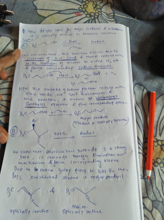 OH Q. How do you solve for major product & whether it is optically active or Racemic mixture Son: ci Nalt product - Br Sol W