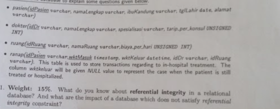 to explain some questions given below. pasienfidPasien varchar, namalengkap varchar, bukandung varchar, tgl Lahir date, alama