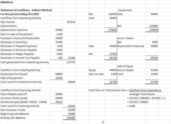 IKIBAN Inc. Equipment 116000 Sale 58600 Bal. Cash 49600 101510 Bal 125000 174600 174600 Statement of Cashflows - Indirect Met