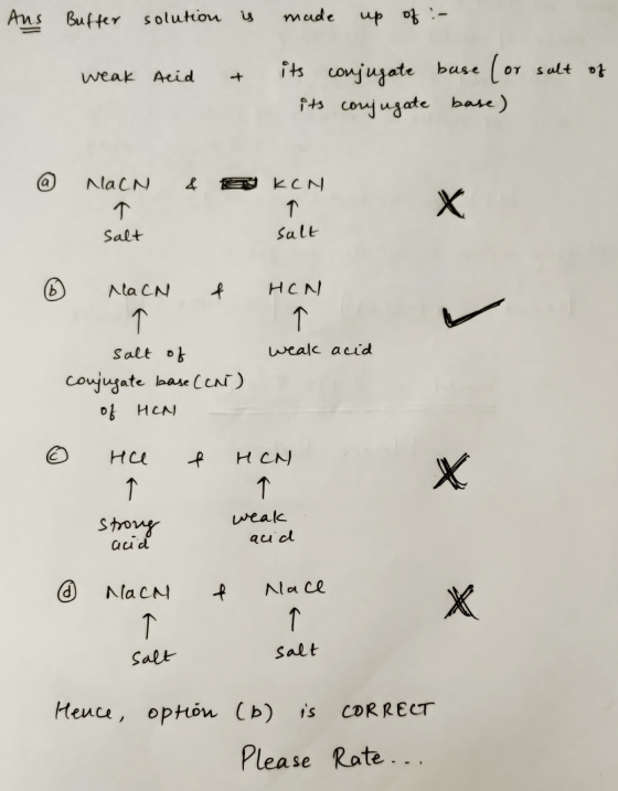 Ans Buffer solution is made up of :- weak Acid & its conjugate base (or sult of its conjugate base) @ Nha CN 4 = EC N salt sa