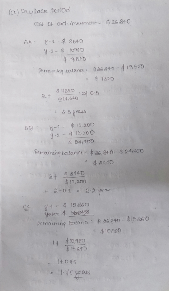 (a) Pay bace periOd cOSt o Each investment 26840 AA C-2-4 8640 -2-8 1098O $19.520 $26.840 19,520 S7820 Pe mauning balance $82