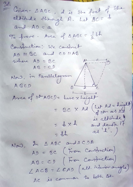 iven AAB, d hefoot e altitude thg A. Let BC and AD a To trove Aree of Constuction We catruct A ABC AD It BC where AD = and CD