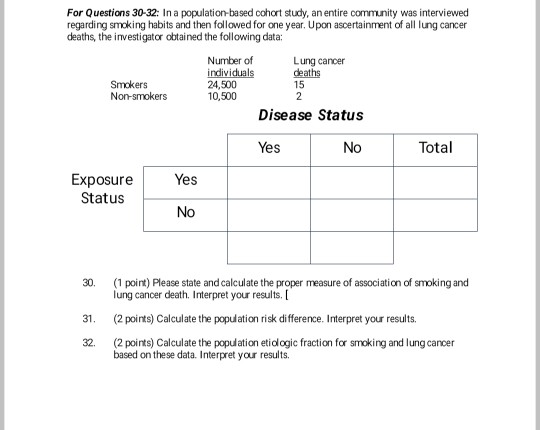 For Questions 30-32: In a population-based cohort study, an entire community was interviewed regarding smoking habits and the