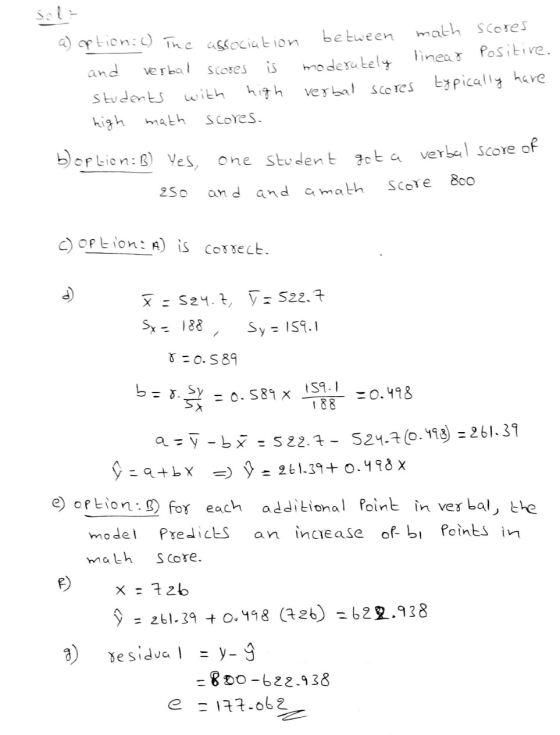 option: () The association between math scores and verbal scores moderately linear positive. students with high verbal scores