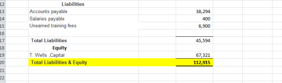 Liabilities Accounts payable Salaries payable Unearned training fees 8 38,294 400 6,900 16 17 Total Liabilities 45,594 Equity T. Wells ,Capital Total Liabilities & Equity 67,321 112,915 5 3