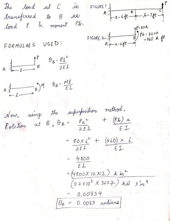 P FIGURE! А. B The load load at C is transferred to B as load P & moment Pb, +2=6ft -6=7ft AP=80k FIGURE 2. et AK a=6ft- B) P