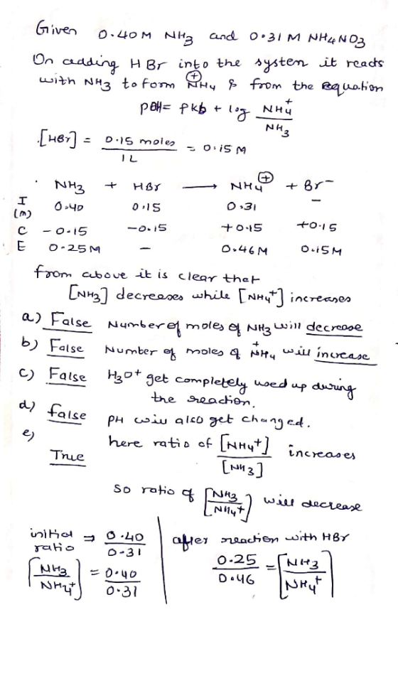 Given 0.40M NH3 and 0:31 M NHUNO3 On aedding HBr into the systen it reacts with NHz to form Gry & from the requation - POH= p