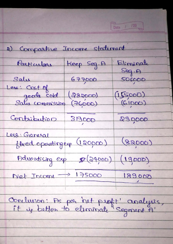 a) Compartive Income staternent Particulars Keep Seg. a Eliminate Seg. A Sales 677000 socooo Lese: Cost of - goods cold (8200