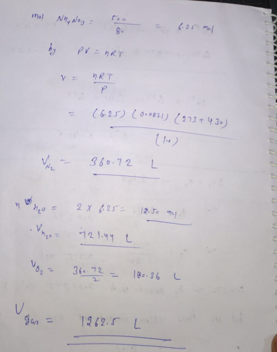 mol Nho Nog - 100 = 6.25 ml y = MRT = (6.25) (0.0821) (273+ 430) - 360.72 L no 2 X 6.25= 12.50 my . 20= 121.44 L Vo = 360.72