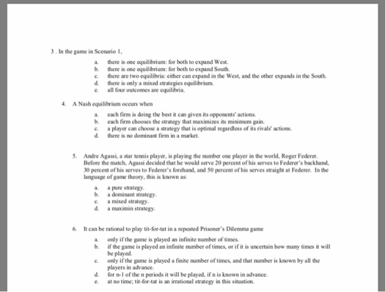 3. In the game in Scenario 1 a. there is one equilibrium: for both to ex b. there is one equilibrium: for bo c. there are two