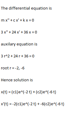 The differential equation is mx+cx + x = 0 3x + 24 x +36 x = 0 auxilary equation is 3r^2+24r +36 = 0 root r=-2,-6 Hence s