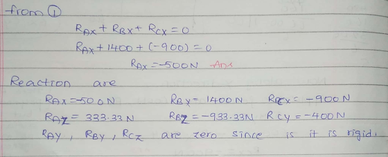 from Raxt Rext Rex = 0 Rox+ 1400 + (-900) = 0 - Rox=-500N ans Reaction are RAX=250 ON RB X= 140ON RREX = -900N RAZ= 333.33 N
