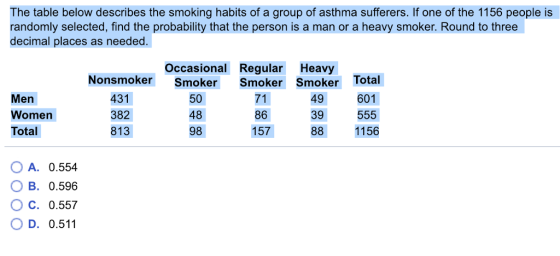 The table below describes the smoking habits of a group of asthma sufferers. If one of the 1156 people is randomly selected, find the probability that the person is a man or a heavy smoker. Round to three decimal places as needed Occasional Regular Heavy Total Nonsmoker Smoker Smoker Smoker 601 Men Women Total 431 382 813 50 48 98 71 86 157 49 39 1156 O A. 0.554 O B. 0.596 C. 0.557 O D. 0.511
