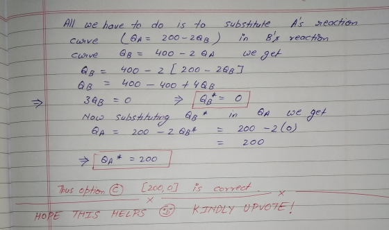 All we have to do is to substitute As reaction curve (QA = 200- 2QB ) in Bs reaction curve QB = 400 - 2 QA we get QB = 400