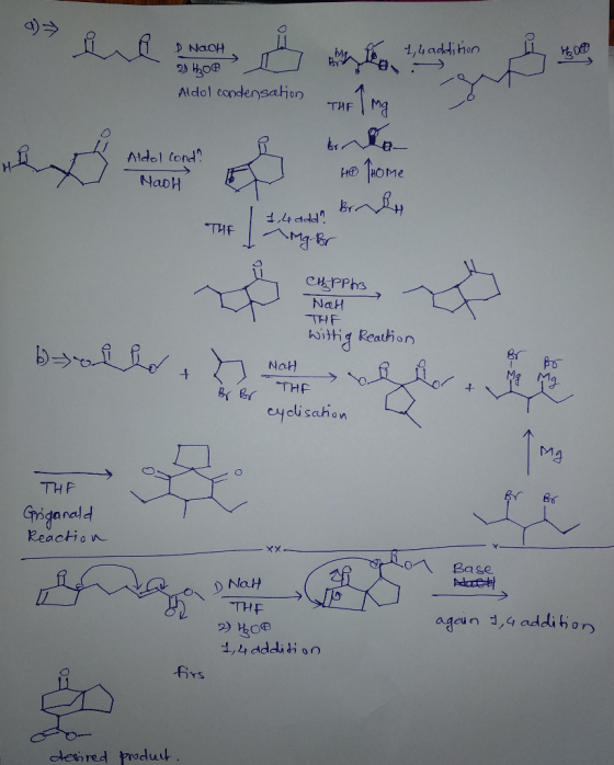 a) i A NaOH. NaOH 2) ОФТ ů 1,4 addition H00 Aldol condensation e ☺ .. . Aldol cond p Birhen NaoH THE / I add? Brandy CHPPh3