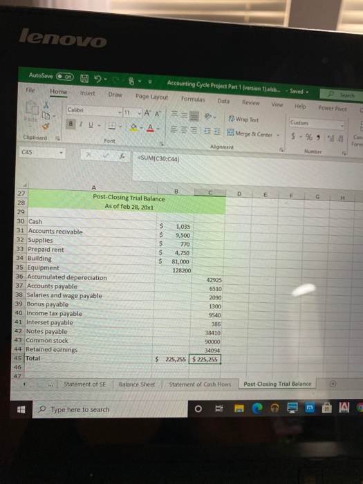 lenovo AutoSave On Accounting Cycle Project Part 1 (version 1).xls. - Saved File Home Insert Draw Page Layout Formulas Data R
