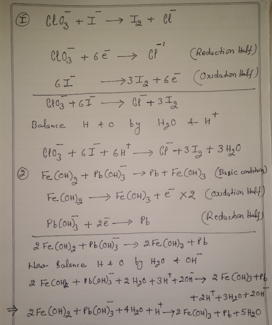 -1 6 Clog + I Is + că ClO3 +67 → CP (Reduction Half) GI 3 Ig to Oxidation Half 6103 +6 I Gr + 3 Ig Balance it to by H₂O ett