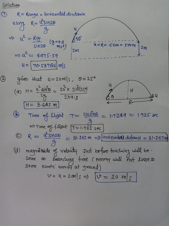 u Solution R= Range = horizontal distance itsinde R= using g u² =Rg (g=918 Sin20 mis2) i2m =) u = 4975.59 U=70153786 m/s 50