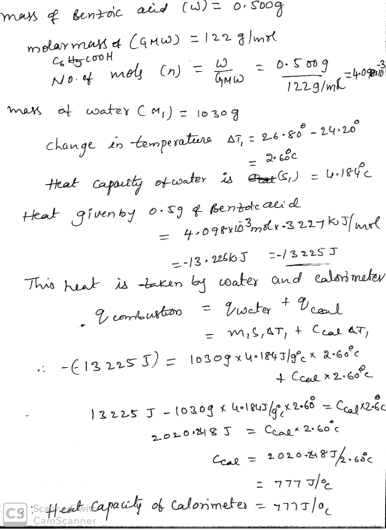 с нь сон No. of mols mass of Benzoic acid (w)=0.500g molar mass of Camw) = 122 g/mol = 0.5009 uw 122g/ml mass of water (M) =