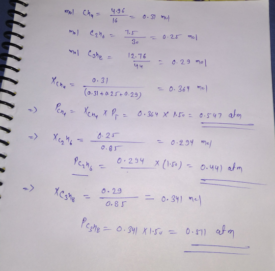 12.76 - 0. 29 mol yu mol Cha= 29.90 0.31 mal mol Cano = 7.5 = 0.25 ml mol lahe = 12 16 = 0.29 mol Xeno - 1029, = 0.364 ) - Pe
