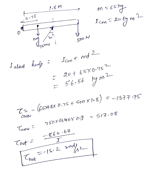 1,8 m n = 65kg 0.75 I cm = 20 tym? 40 SON 750N I am a ona 2 I aboud hinge 56.56 kym? 20+ 65X0.752 m 2 = (6579.8X 0.75 +500x1.