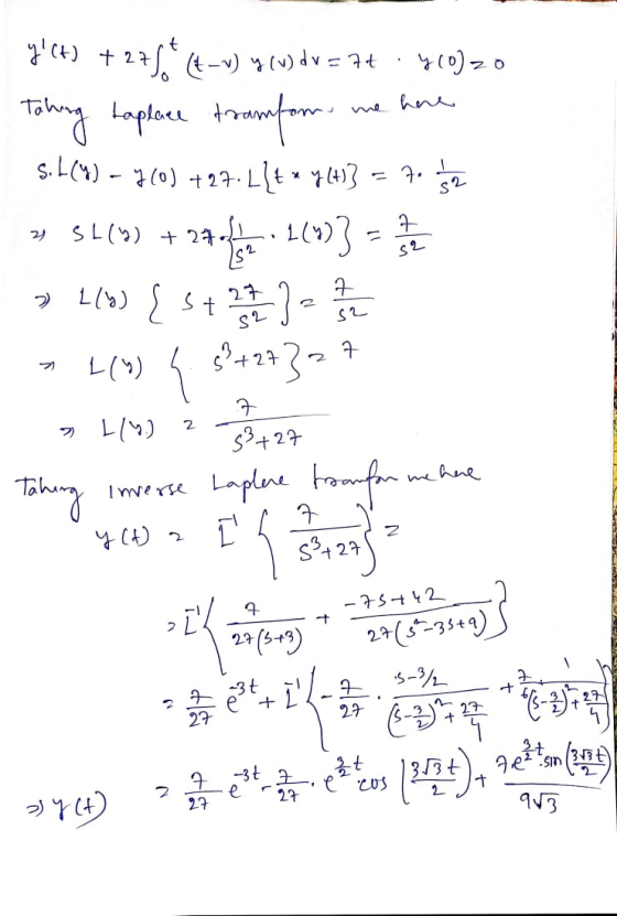 t g4 +27 0 me here s2_ (4-v) () dv = 7t 뇌0020 Tahing taplace framfon s. L(N) - 3 (0) +24. Lt* (4) - - 거 SL(s) + 24 fee L() 11
