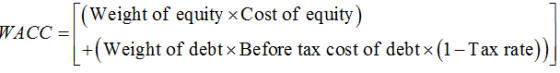 [(Weight of equity xCost of equity) WACC = +(Weight of debt x Before tax cost of debt x (1 – Tax rate)