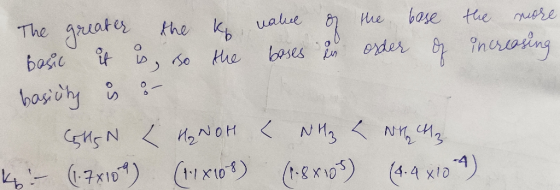 The greater the ke value of the base the more basic it is, so the bases in order of increasing basicty is : GHEN <H2 NOH < NH