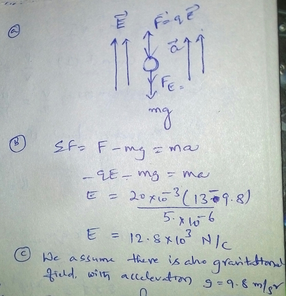 ONE o ser F-mg = ma 29E-mg = ma E = 20x5 3 (1359.8) 5.x 10-6 E = 12.8x103 NIC We assume there is aho gravitational Field, wit