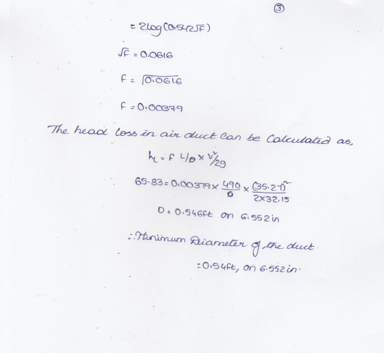 3 = 2log 05-25) SF = 0.0616 F2 00616 F -0.00379 The head loss in air duct can be Calculated as hy of 4ox v/29 65.83= 0.00379x