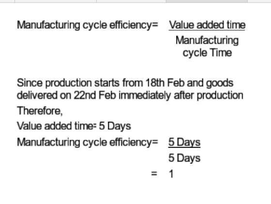 Manufacturing cycle efficiency= Value added time Manufacturing cycle Time Since production starts from 18th Feb and goods del