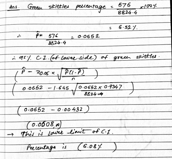 s. Green skittles percentage - 576 *100% 8824.4. : 6.52% . · ps 576 8824.4 : 0.0652 . 95% CZ.(of Lower side) of green skittle